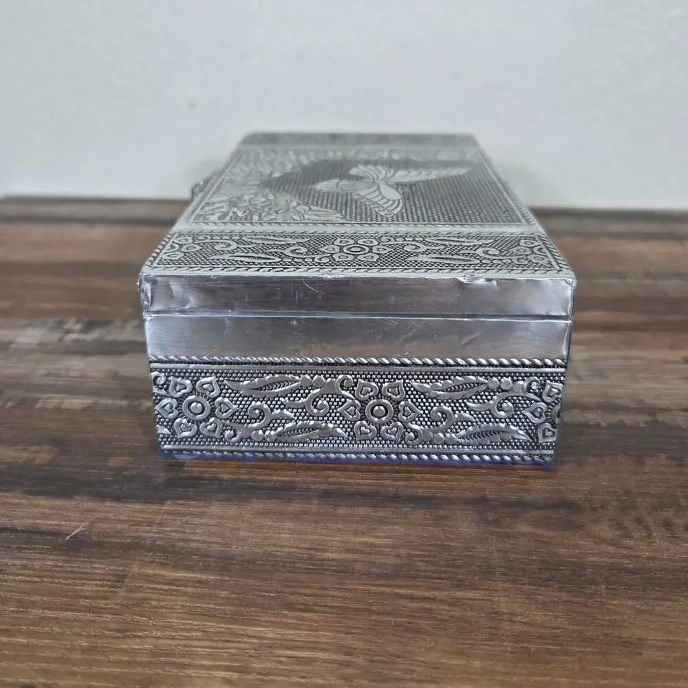 Silver Plated Butterfly Floral Design Jewelry Box with Purple Velvet Lining